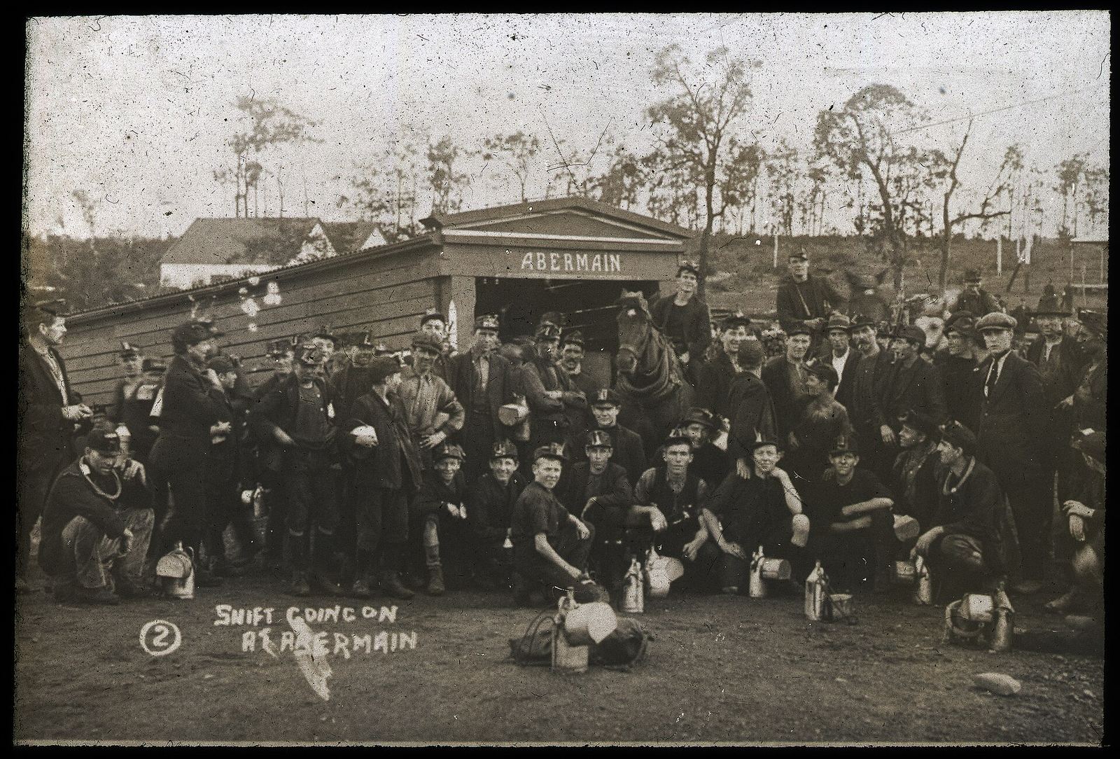 Miners at Abermain Colliery in an old photograph